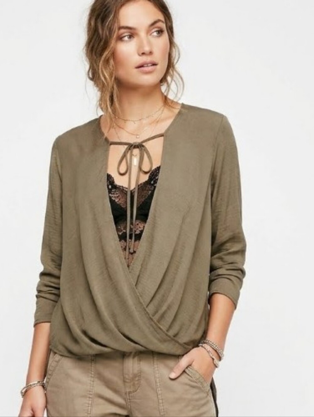 Urban Outfitters Women’s Two Tone Olive Satin Surplice Flowing Tie-Front Top